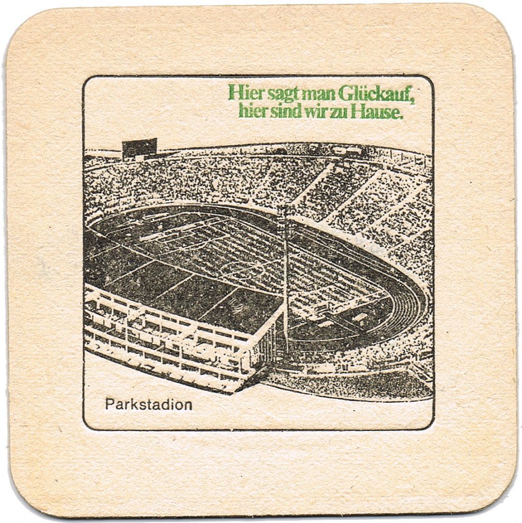 Das alte Parkstadion auf einem Bierdeckel von Glückauf-Bier.
